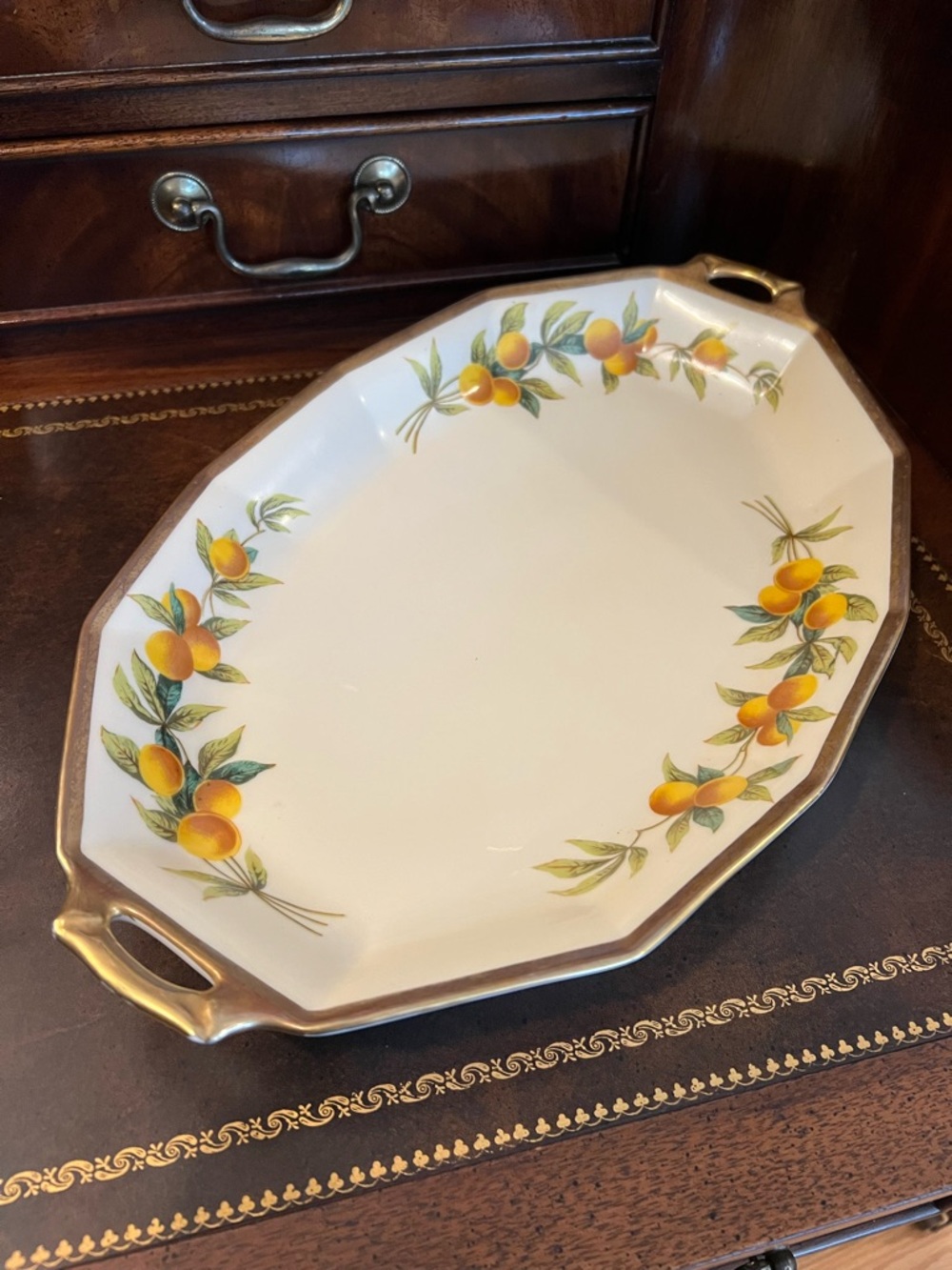 Limoges France Porcelain Serving Platter Florida Oranges Motif White Oval Gold